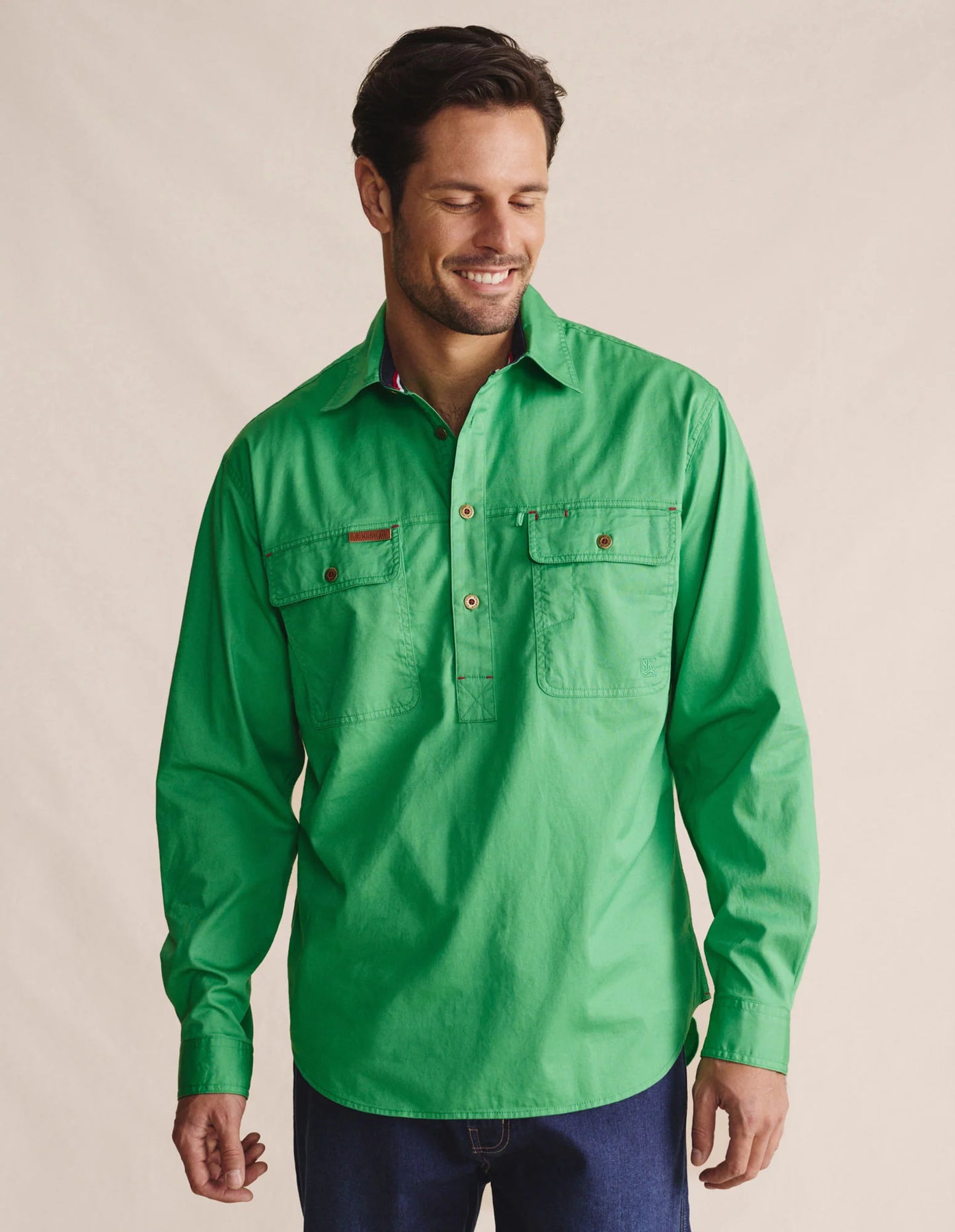 Kidman Mens Brockman Half Button Long Sleeve Workshirt - Green