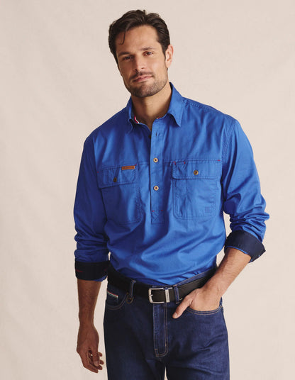 Kidman Mens Brockman Half Button Long Sleeve Workshirt - Mid Blue