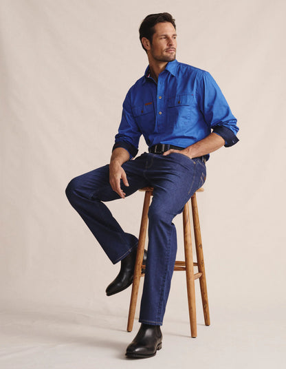Kidman Mens Brockman Half Button Long Sleeve Workshirt - Mid Blue