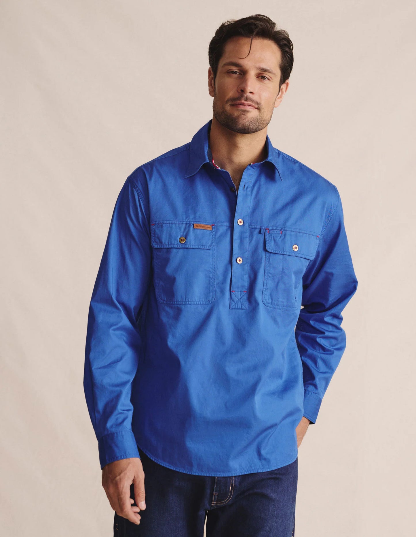 Kidman Mens Brockman Half Button Long Sleeve Workshirt - Mid Blue