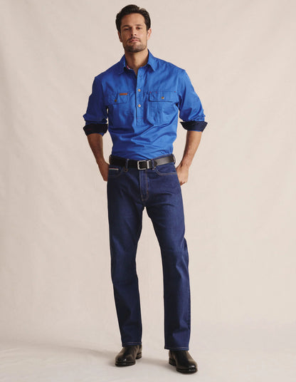 Kidman Mens Brockman Half Button Long Sleeve Workshirt - Mid Blue