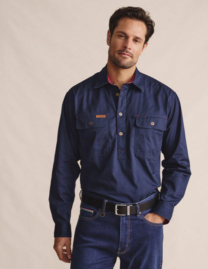 Kidman Mens Brockman Half Button Long Sleeve Workshirt - Navy