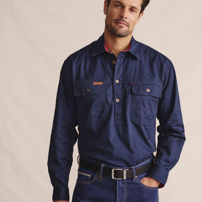 Kidman Mens Brockman Half Button Long Sleeve Workshirt - Navy