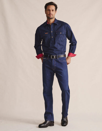 Kidman Mens Brockman Half Button Long Sleeve Workshirt - Navy