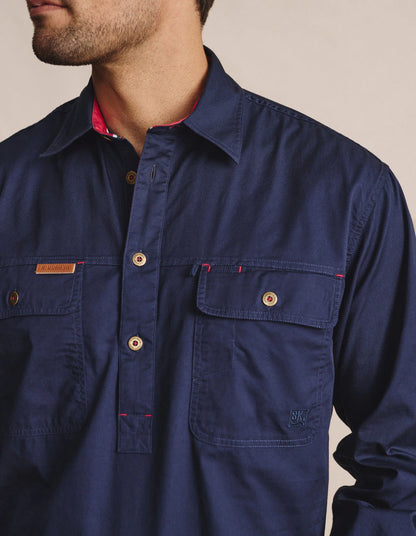 Kidman Mens Brockman Half Button Long Sleeve Workshirt - Navy