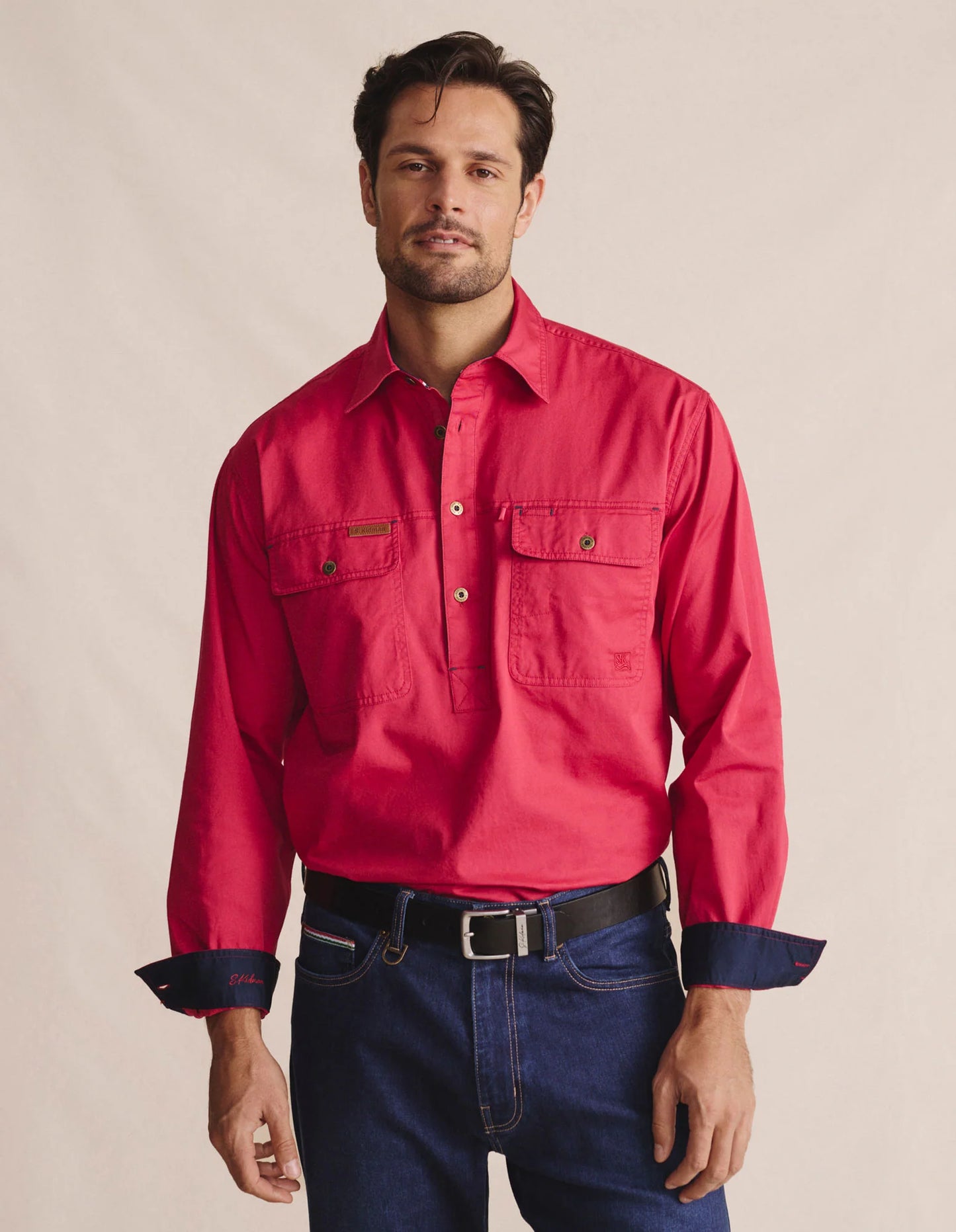 Kidman Mens Brockman Half Button Long Sleeve Workshirt - Red