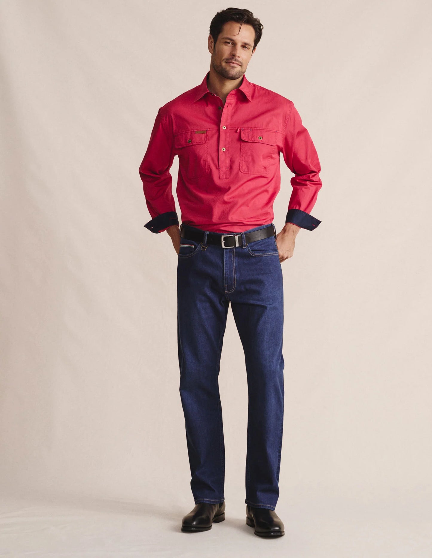 Kidman Mens Brockman Half Button Long Sleeve Workshirt - Red