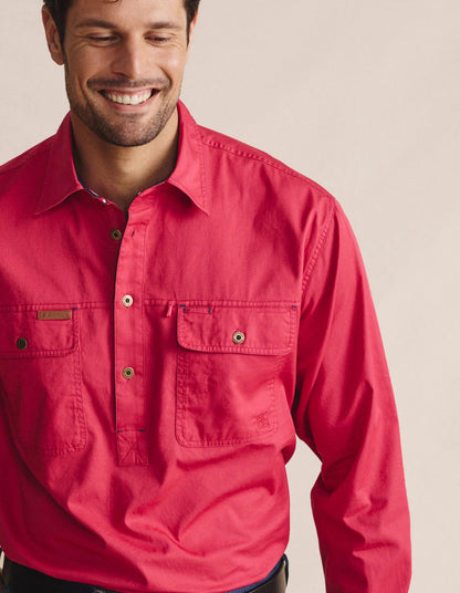 Kidman Mens Brockman Half Button Long Sleeve Workshirt - Red