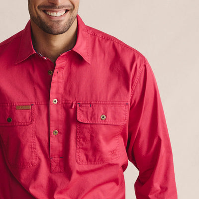 Kidman Mens Brockman Half Button Long Sleeve Workshirt - Red
