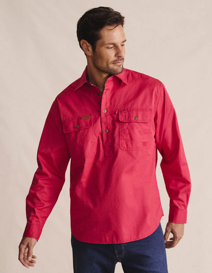 Kidman Mens Brockman Half Button Long Sleeve Workshirt - Red