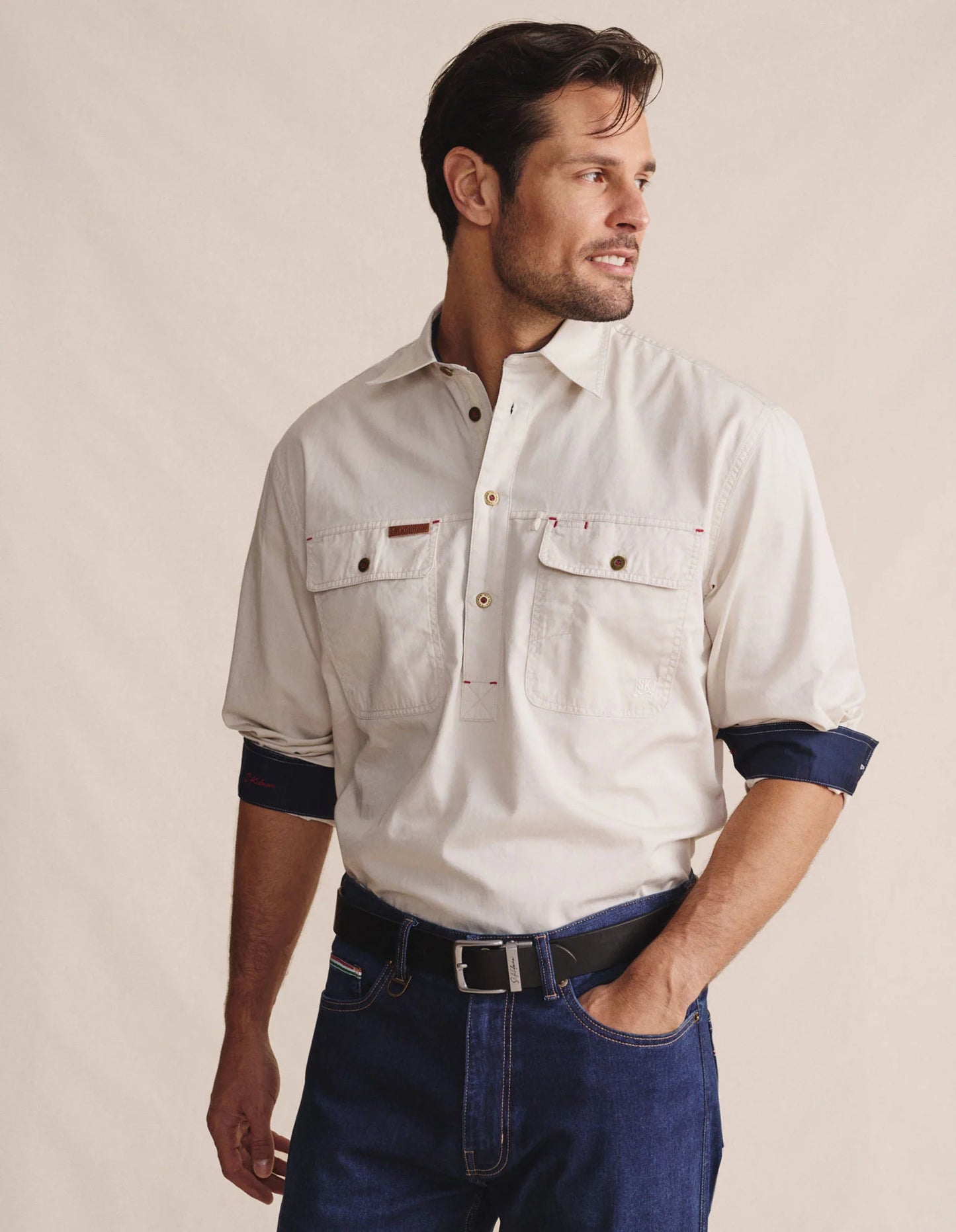 Kidman Mens Brockman Half Button Long Sleeve Workshirt - Stone