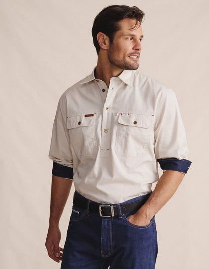 Kidman Mens Brockman Half Button Long Sleeve Workshirt - Stone