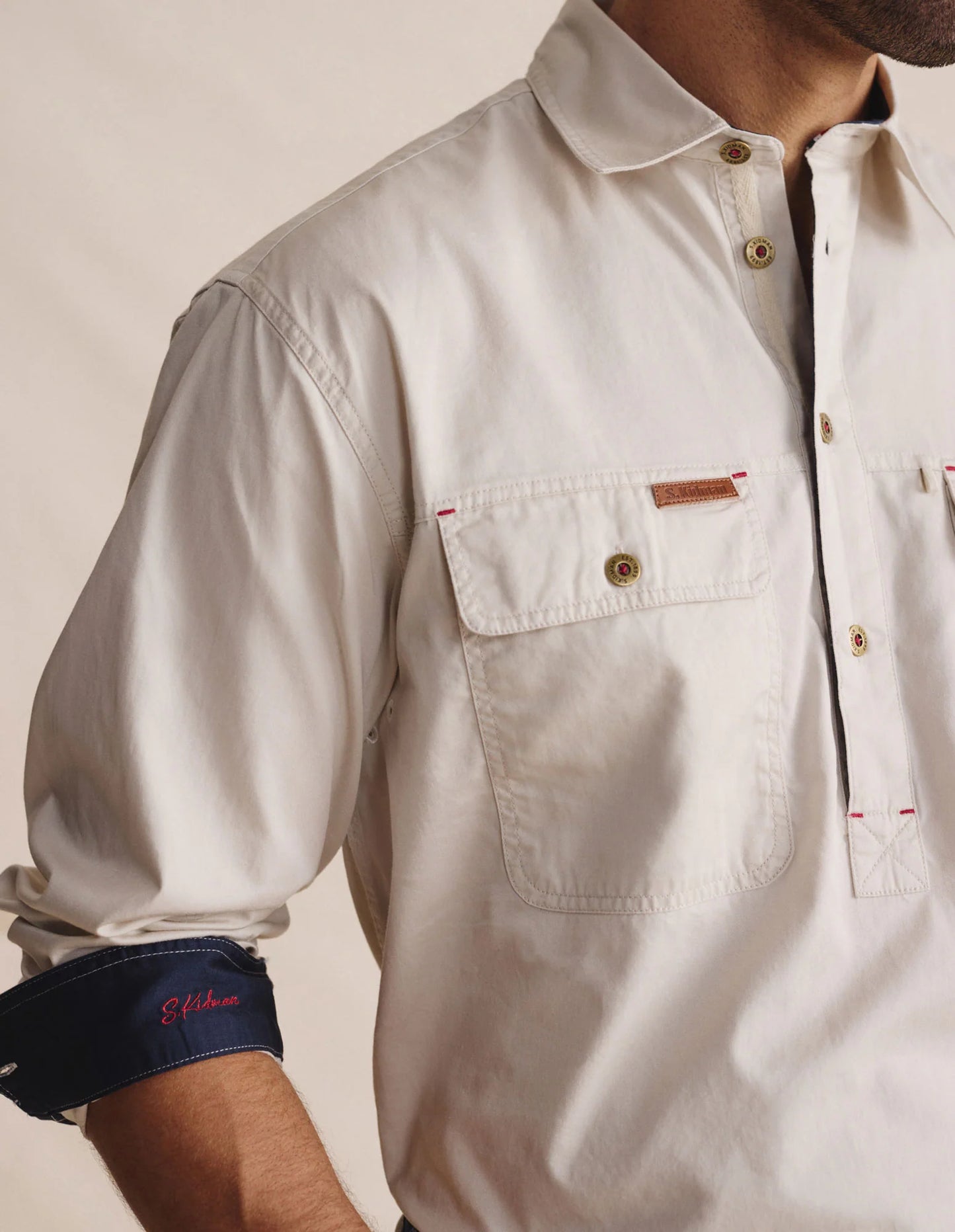 Kidman Mens Brockman Half Button Long Sleeve Workshirt - Stone