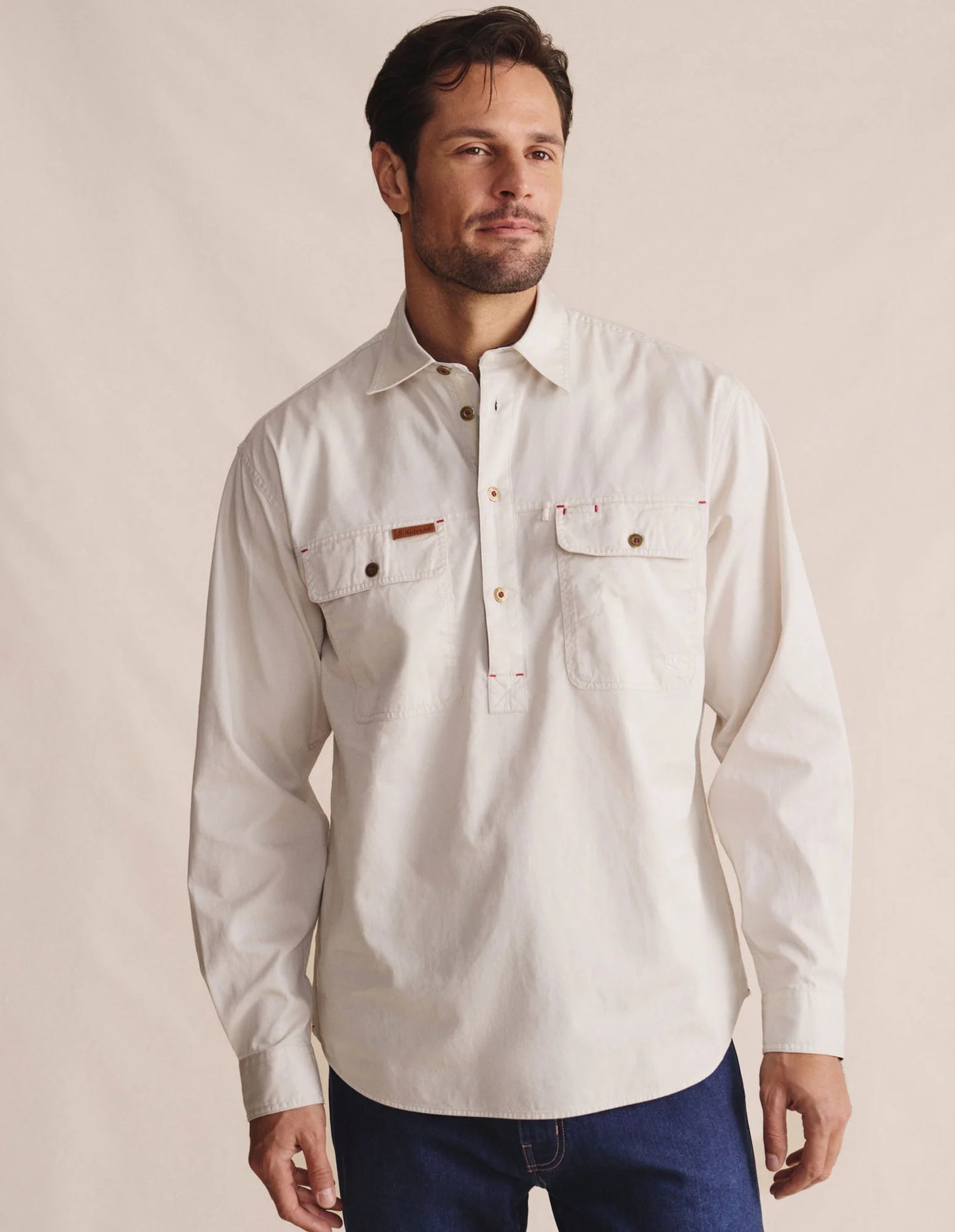 Kidman Mens Brockman Half Button Long Sleeve Workshirt - Stone