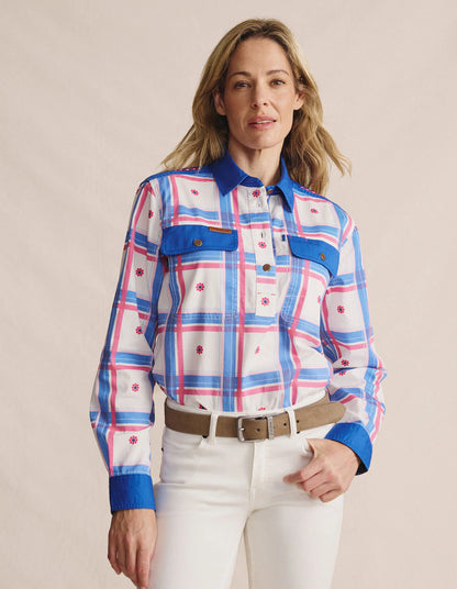 Kidman Women's Camfield Light Weight Half Button Work Shirt -Mid Blue