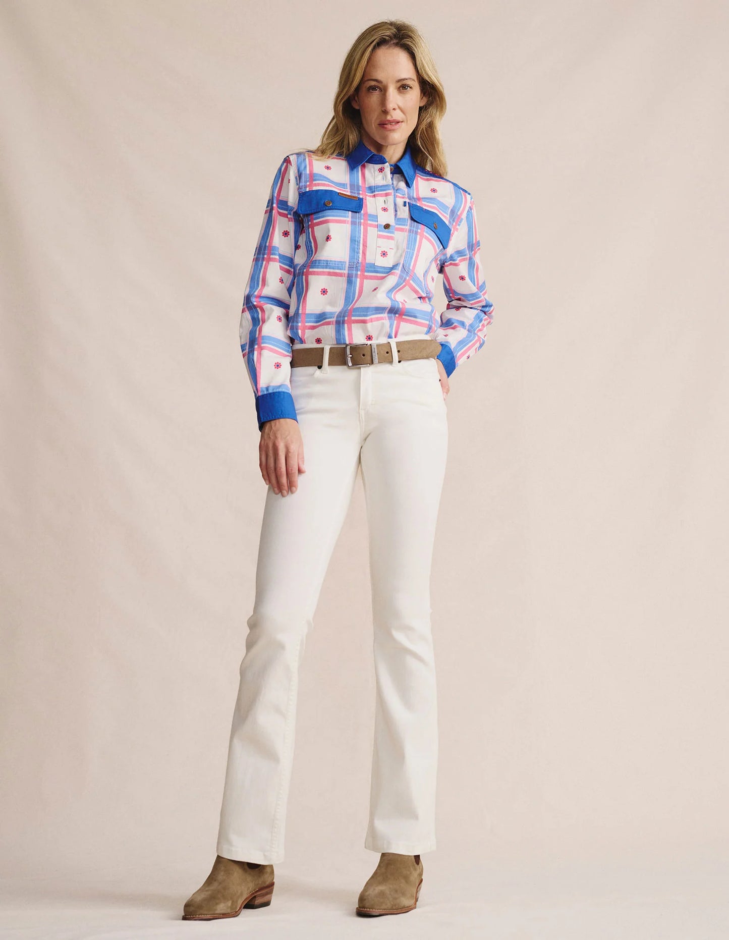 Kidman Women's Camfield Light Weight Half Button Work Shirt -Mid Blue