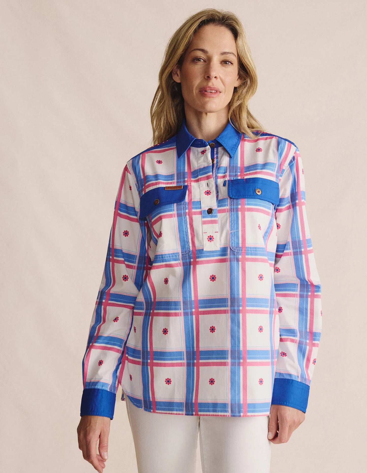 Kidman Women's Camfield Light Weight Half Button Work Shirt -Mid Blue