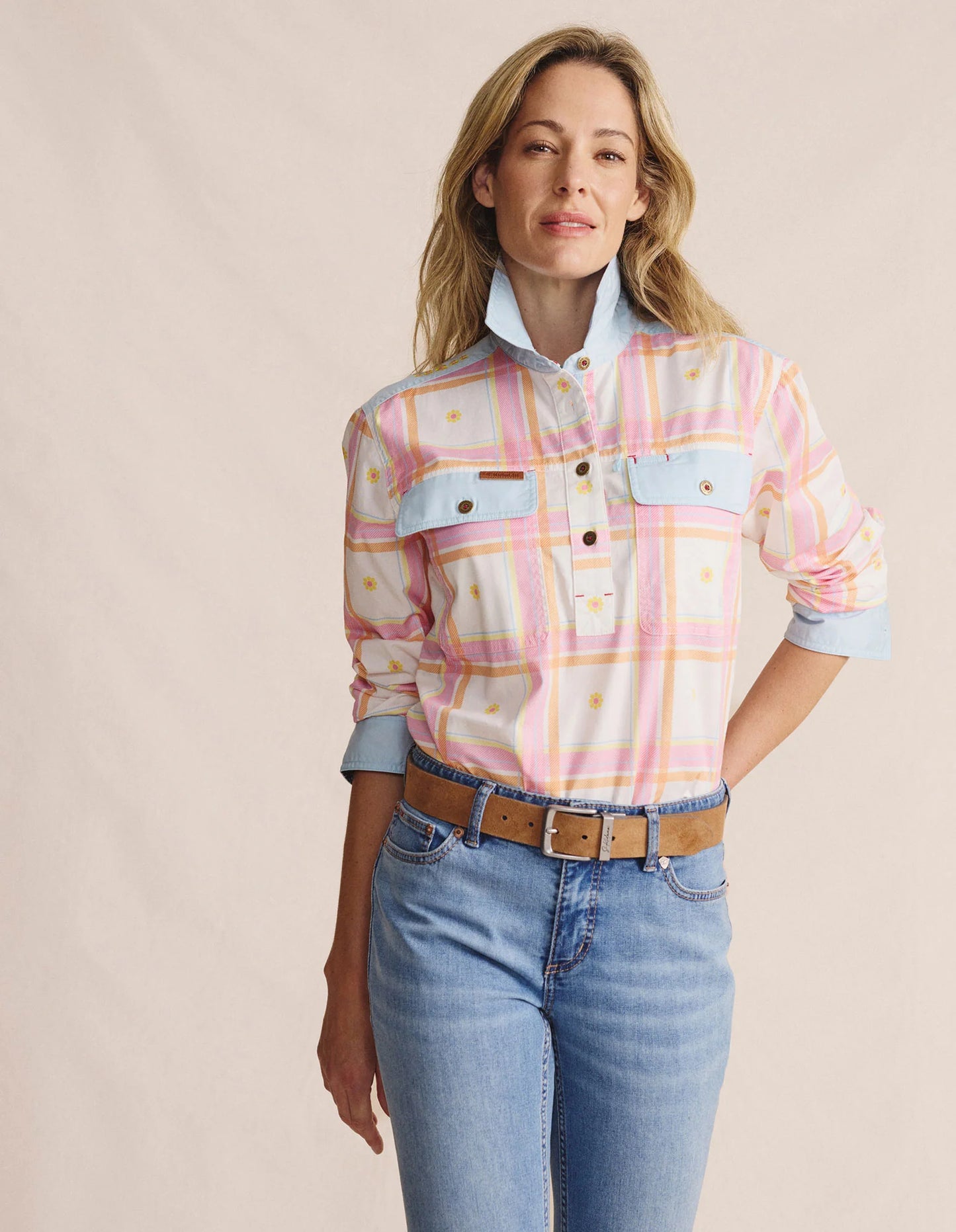 Kidman Women's Camfield Light Weight Half Button Work Shirt - Pink
