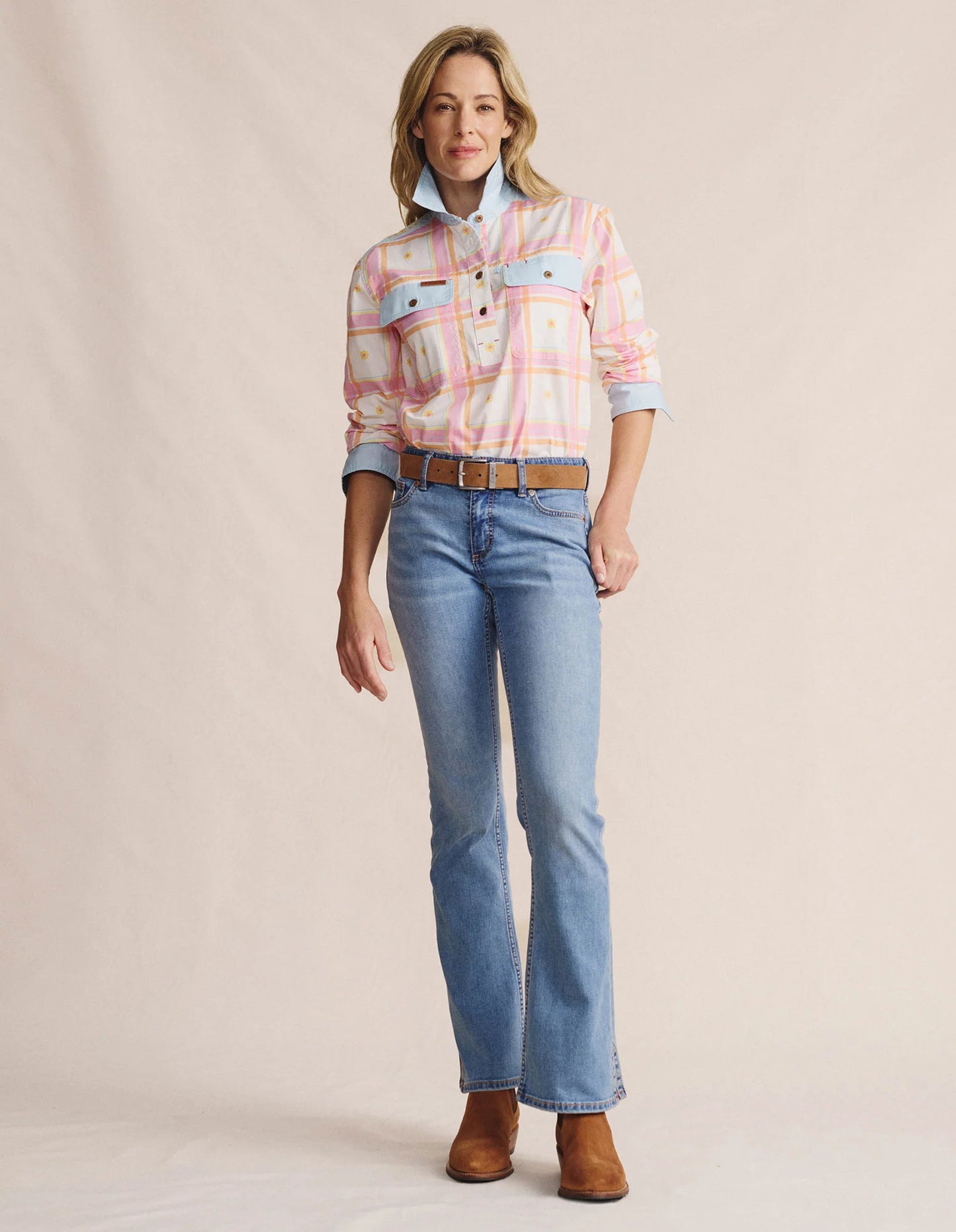 Kidman Women's Camfield Light Weight Half Button Work Shirt - Pink