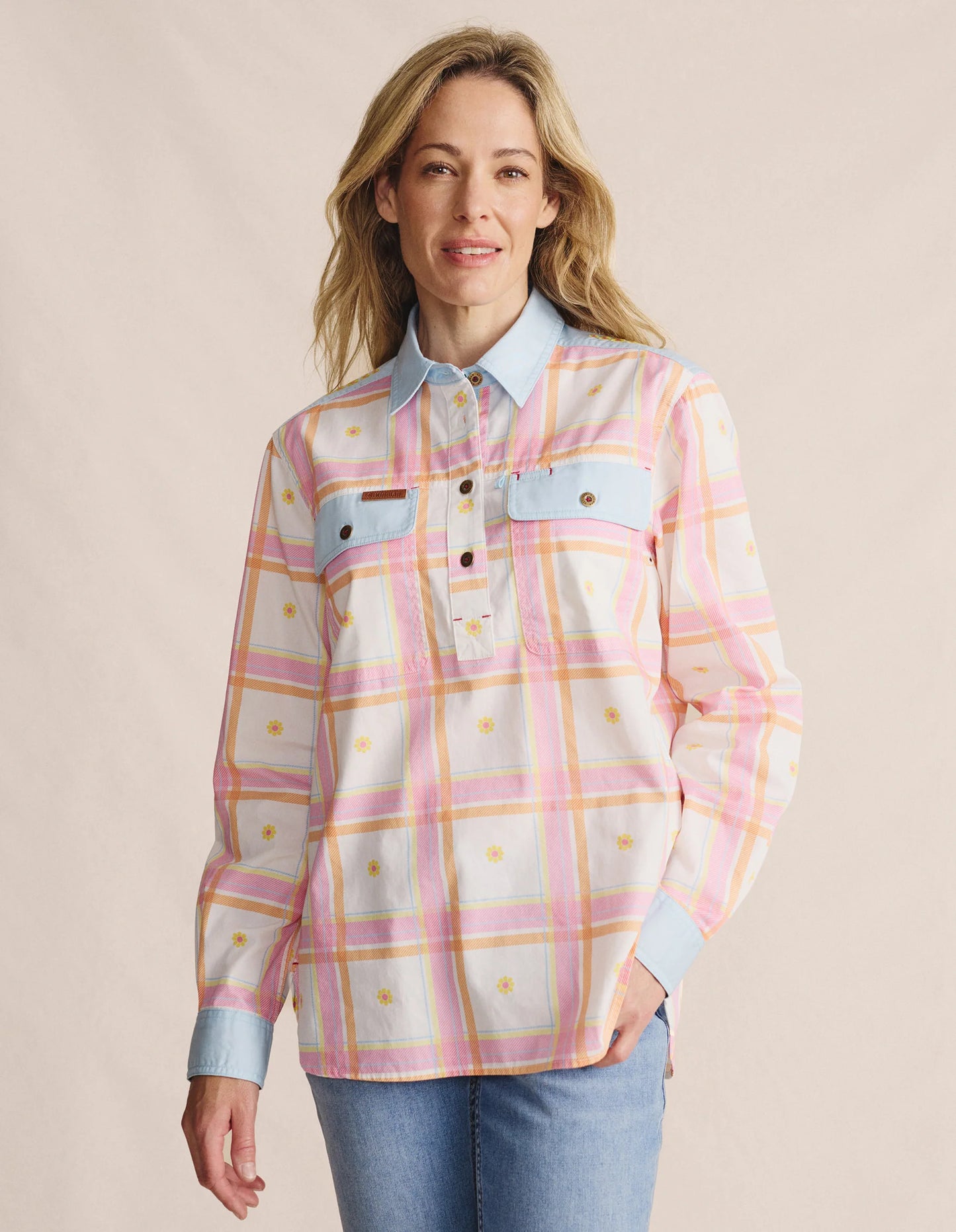 Kidman Women's Camfield Light Weight Half Button Work Shirt - Pink