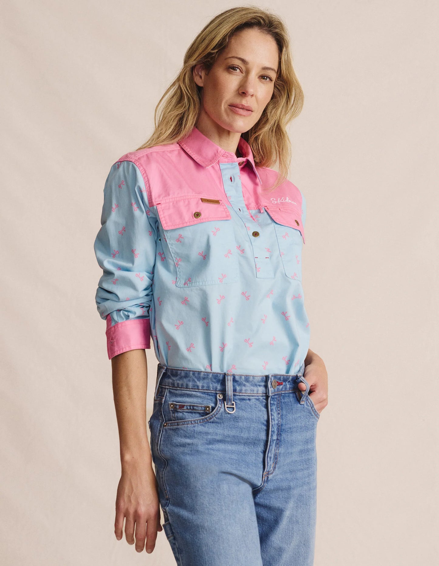 Kidman Women's Camfield Light Weight Half Button Work Shirt - Sky Blue