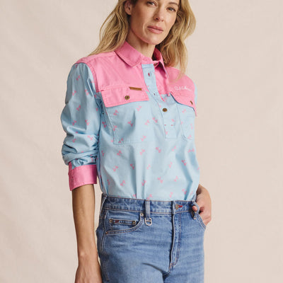 Kidman Women's Camfield Light Weight Half Button Work Shirt - Sky Blue