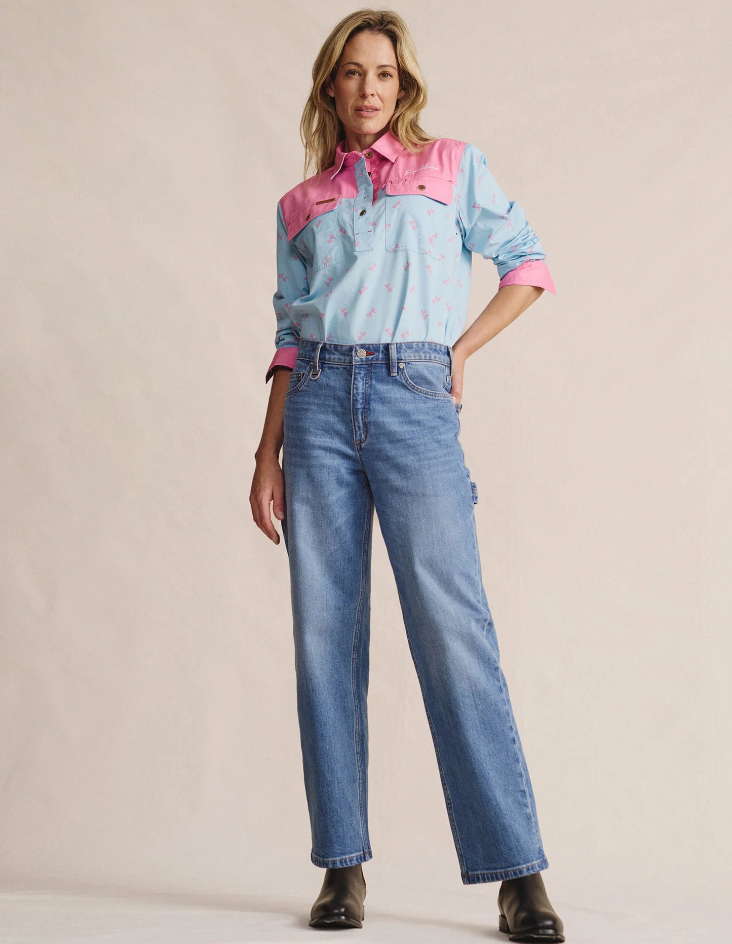 Kidman Women's Camfield Light Weight Half Button Work Shirt - Sky Blue