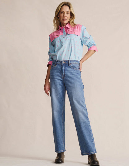 Kidman Women's Camfield Light Weight Half Button Work Shirt - Sky Blue