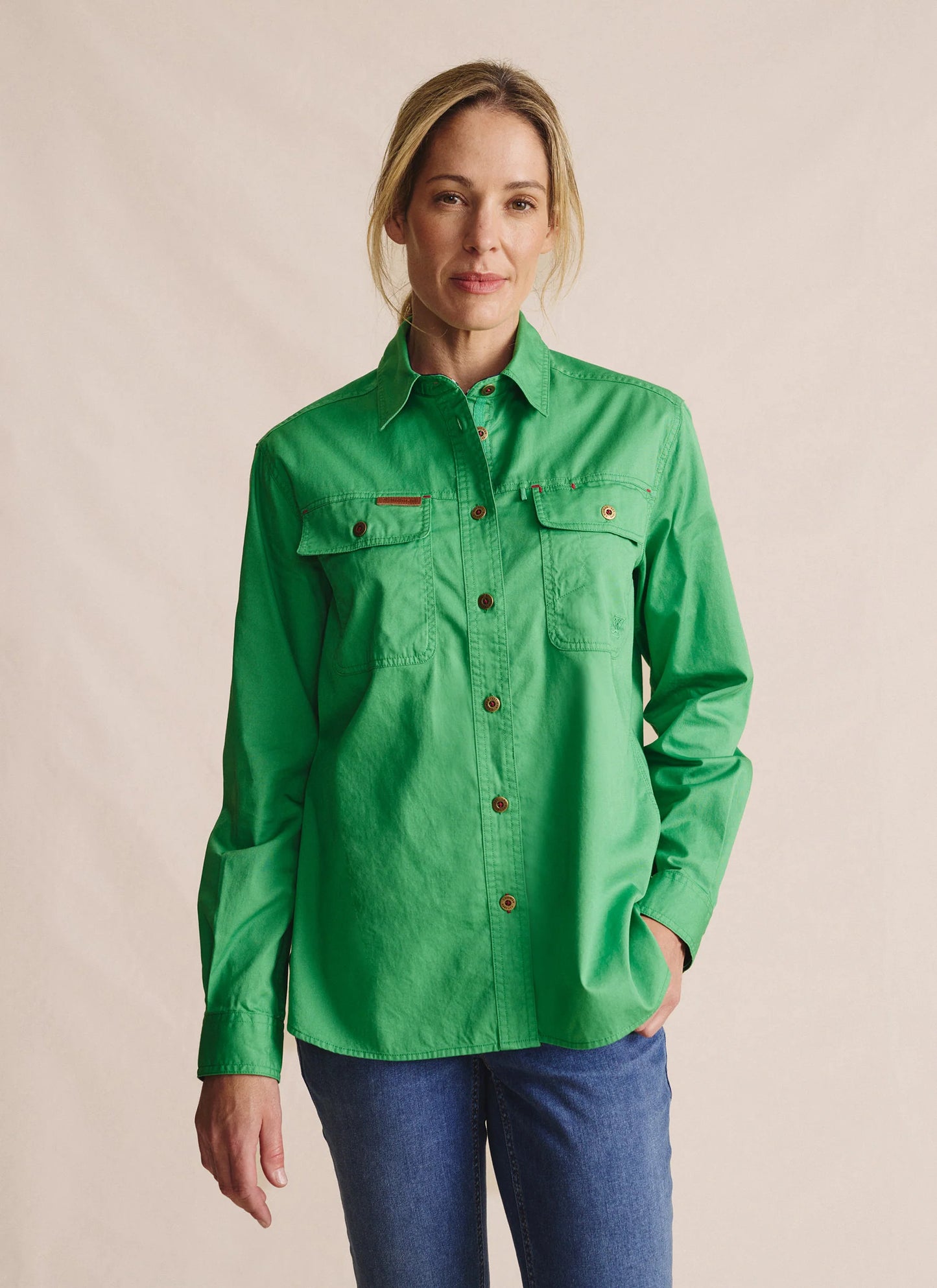 Kidman Womens Spencer Long Sleeve Full Button Work Shirt - Green