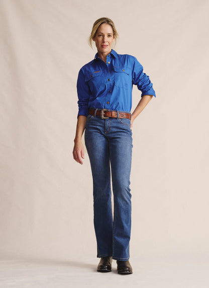 Kidman Womens Spencer Long Sleeve Full Button Work Shirt - Mid Blue