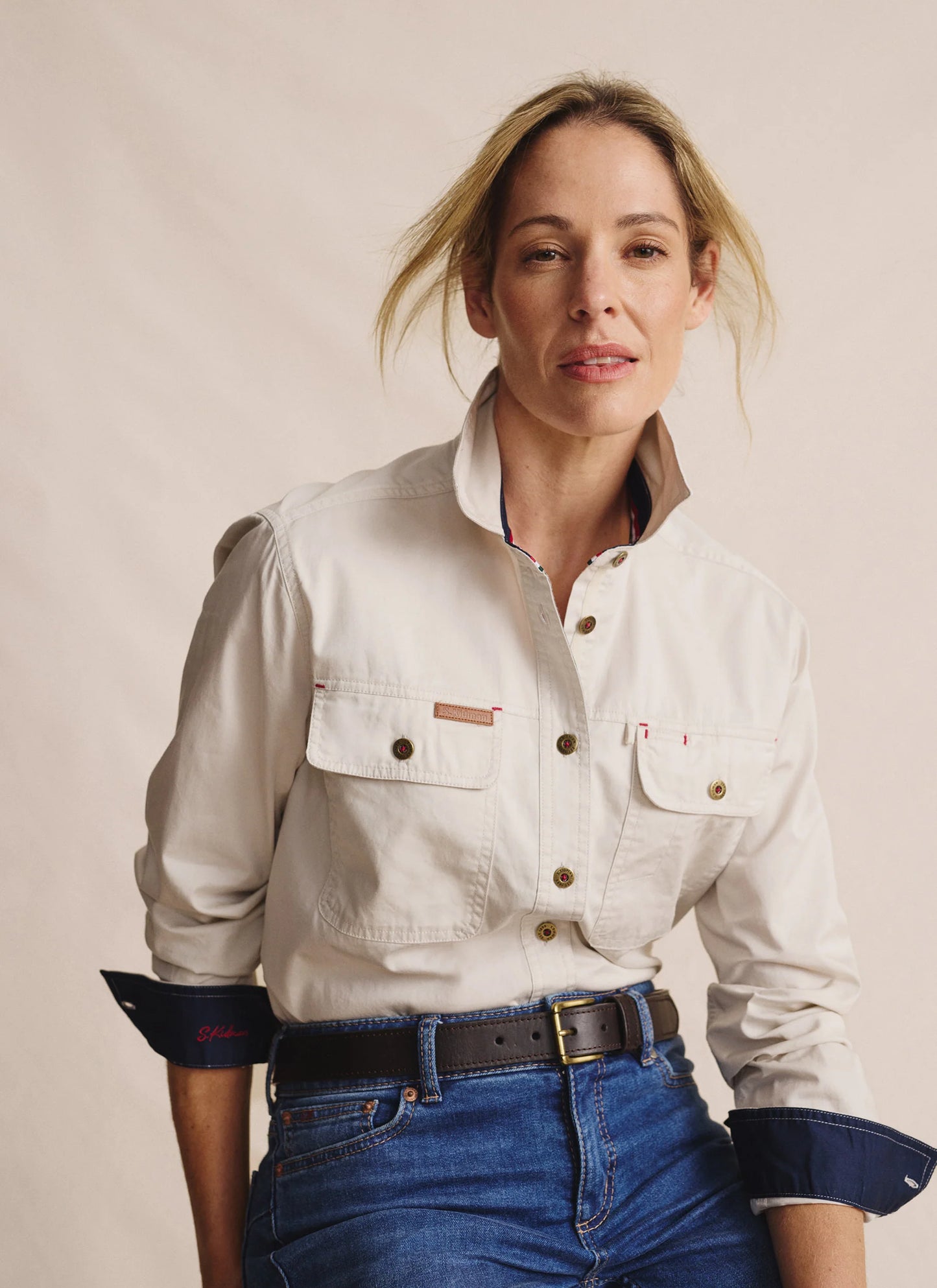 Kidman Womens Spencer Long Sleeve Full Button Work Shirt - Stone