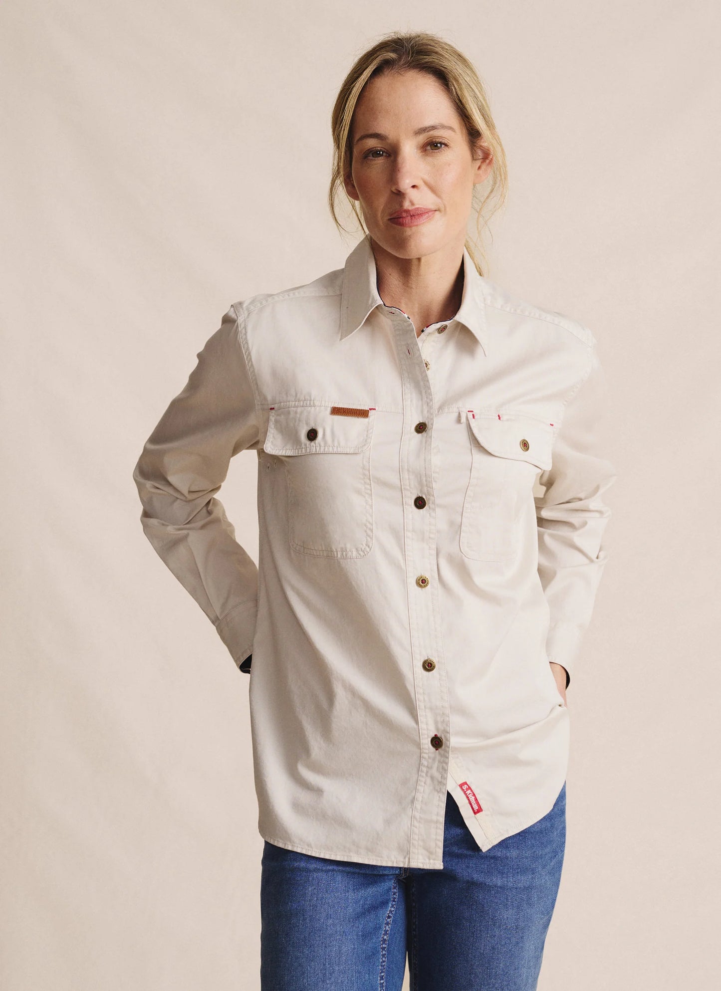 Kidman Womens Spencer Long Sleeve Full Button Work Shirt - Stone