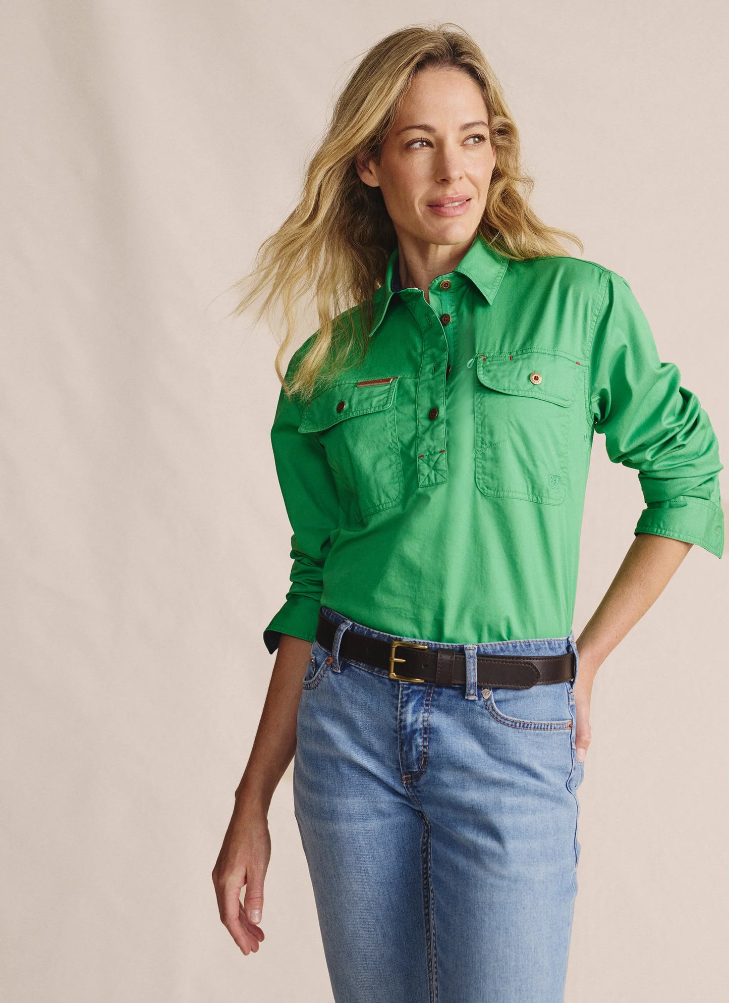 Kidman Womens Camfield Long Sleeve Half Button Work Shirt - Green