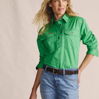 Kidman Womens Camfield Long Sleeve Half Button Work Shirt - Green