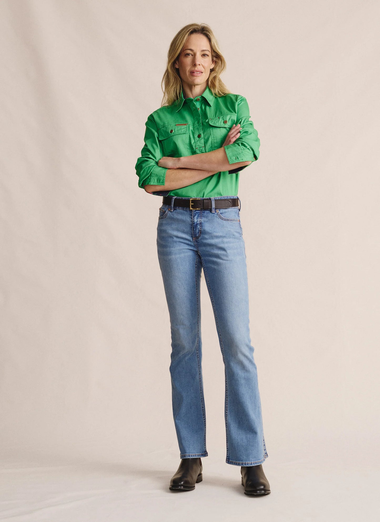 Kidman Womens Camfield Long Sleeve Half Button Work Shirt - Green
