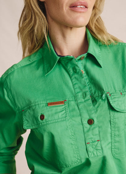 Kidman Womens Camfield Long Sleeve Half Button Work Shirt - Green