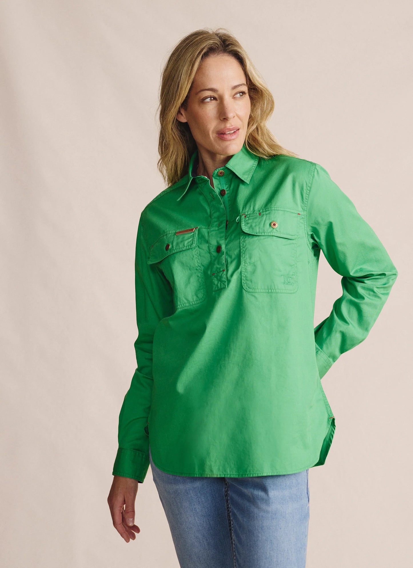 Kidman Womens Camfield Long Sleeve Half Button Work Shirt - Green