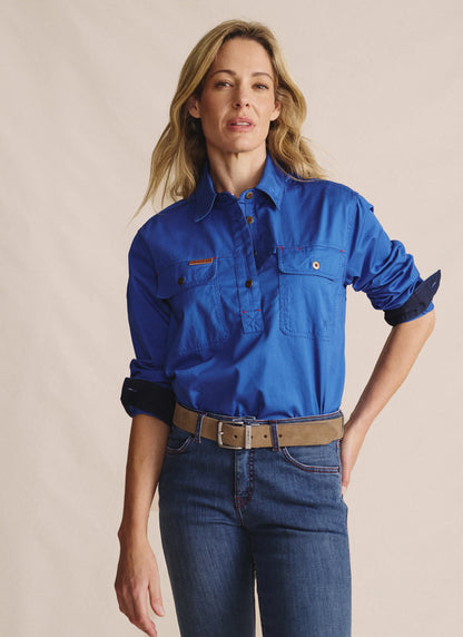 Kidman Womens Camfield Long Sleeve Half Button Work Shirt - Mid Blue
