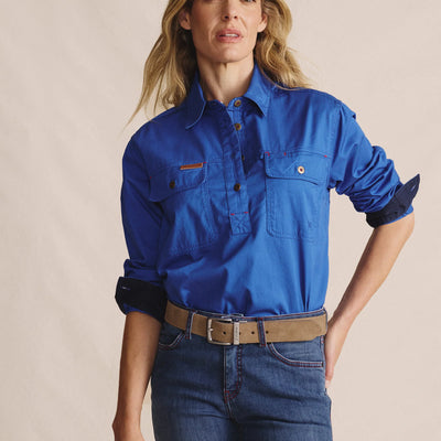 Kidman Womens Camfield Long Sleeve Half Button Work Shirt - Mid Blue