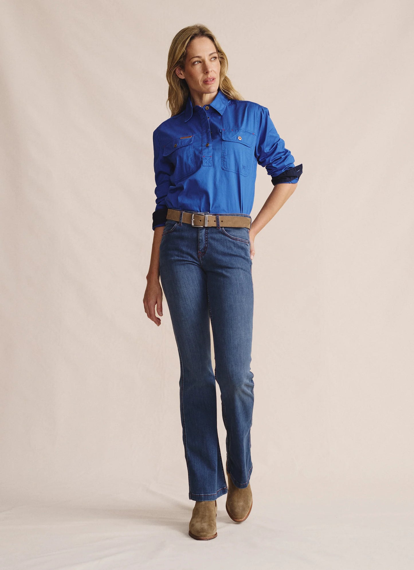 Kidman Womens Camfield Long Sleeve Half Button Work Shirt - Mid Blue