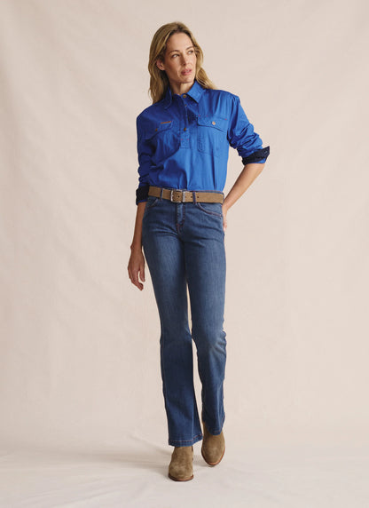 Kidman Womens Camfield Long Sleeve Half Button Work Shirt - Mid Blue