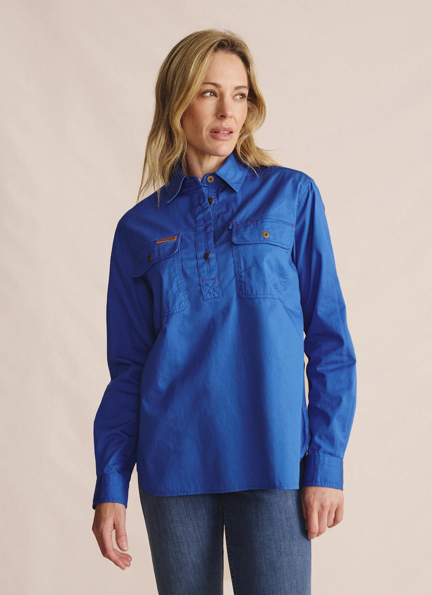 Kidman Womens Camfield Long Sleeve Half Button Work Shirt - Mid Blue