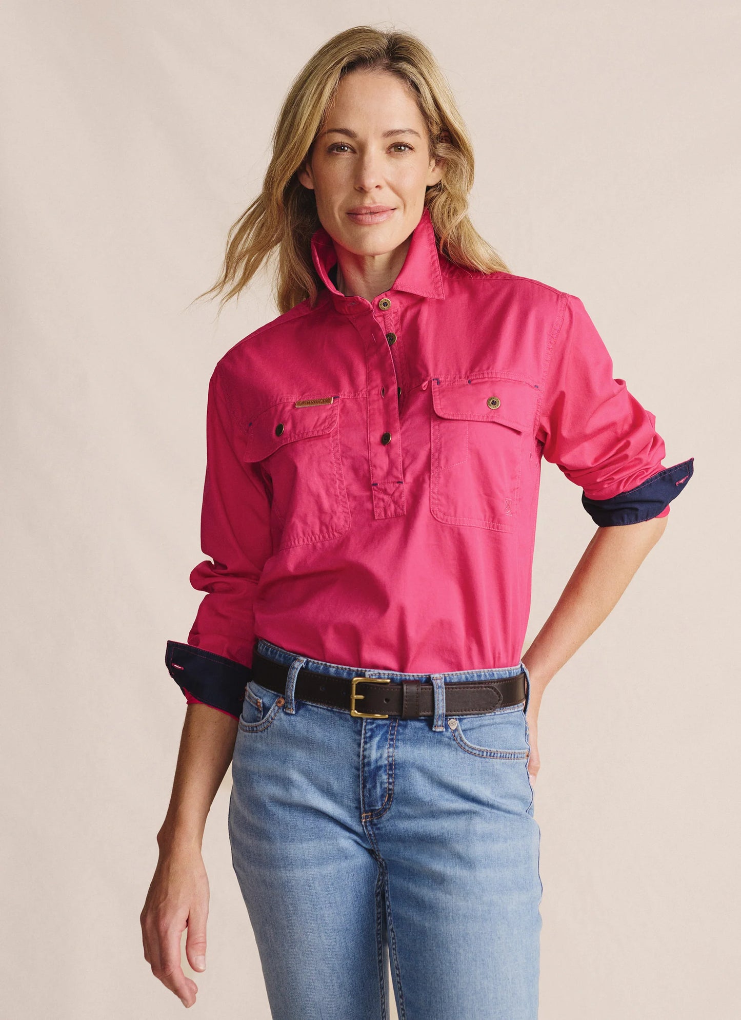 Kidman Womens Camfield Long Sleeve Half Button Work Shirt - Pink