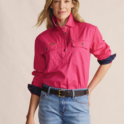 Kidman Womens Camfield Long Sleeve Half Button Work Shirt - Pink