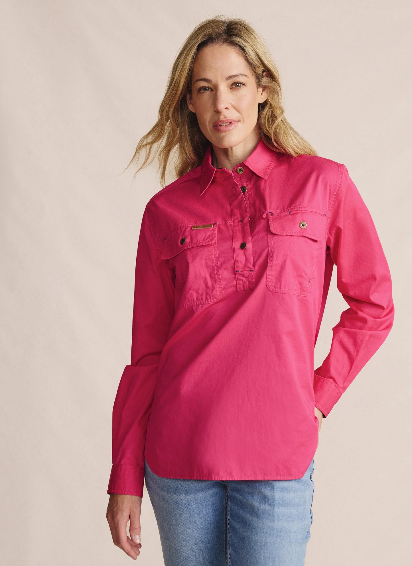 Kidman Womens Camfield Long Sleeve Half Button Work Shirt - Pink