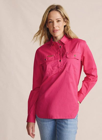 Kidman Womens Camfield Long Sleeve Half Button Work Shirt - Pink