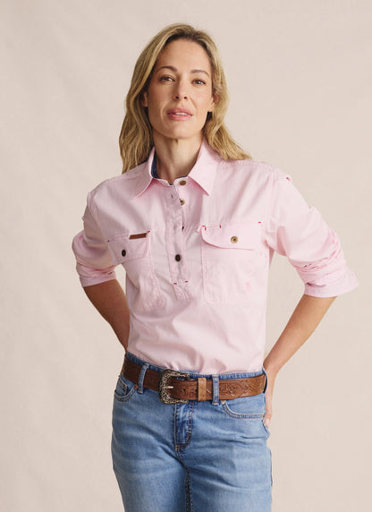 Kidman Womens Camfield Long Sleeve Half Button Work Shirt - Pale Pink