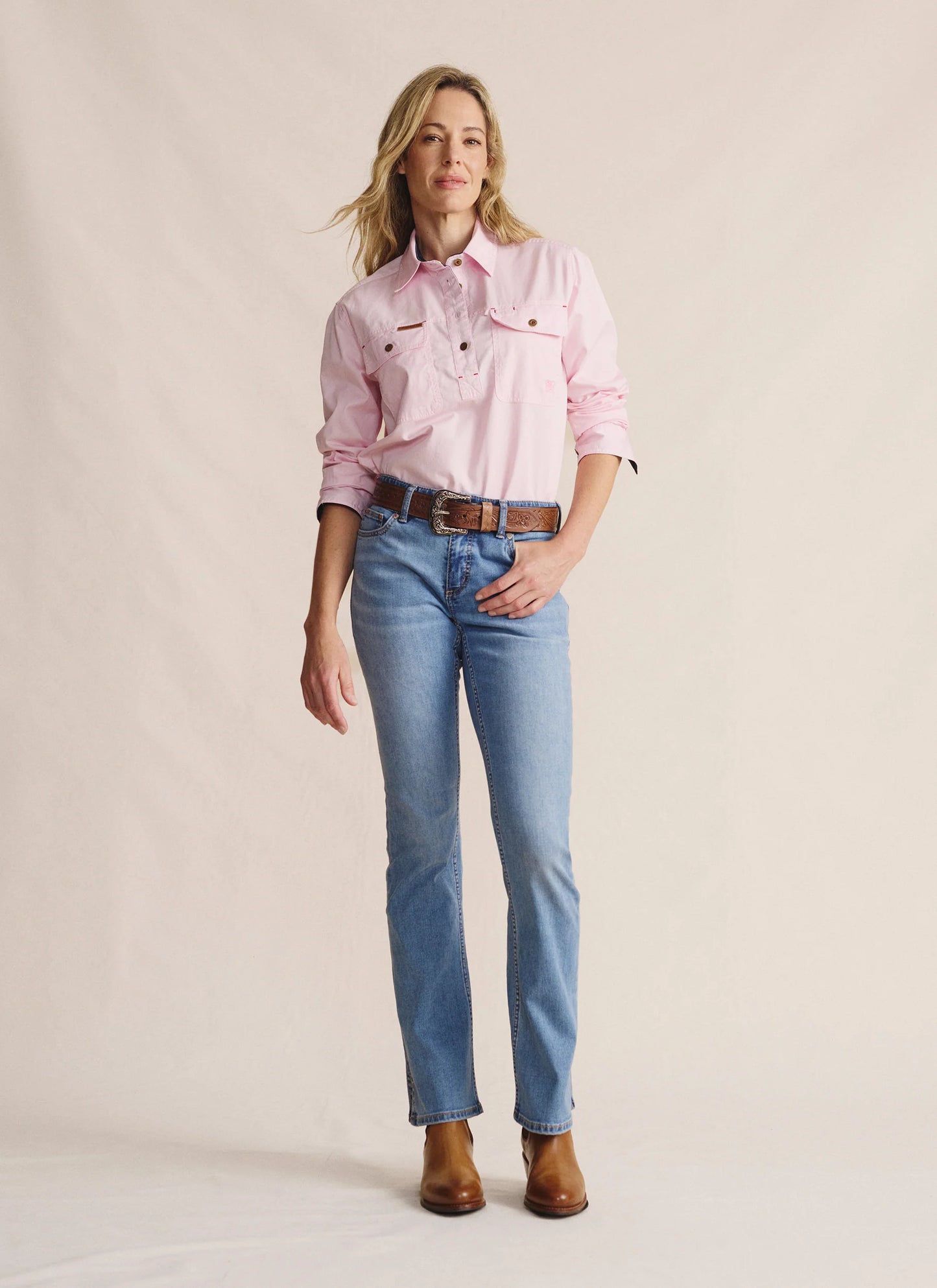 Kidman Womens Camfield Long Sleeve Half Button Work Shirt - Pale Pink