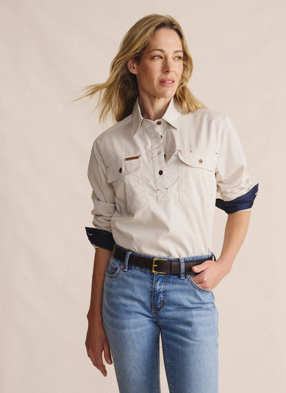 Kidman Womens Camfield Long Sleeve Half Button Work Shirt - Stone
