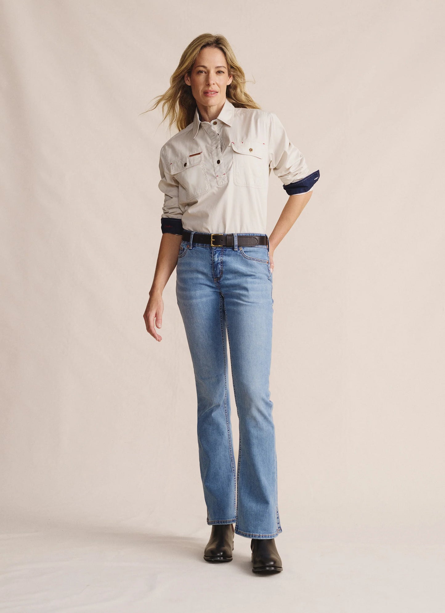 Kidman Womens Camfield Long Sleeve Half Button Work Shirt - Stone